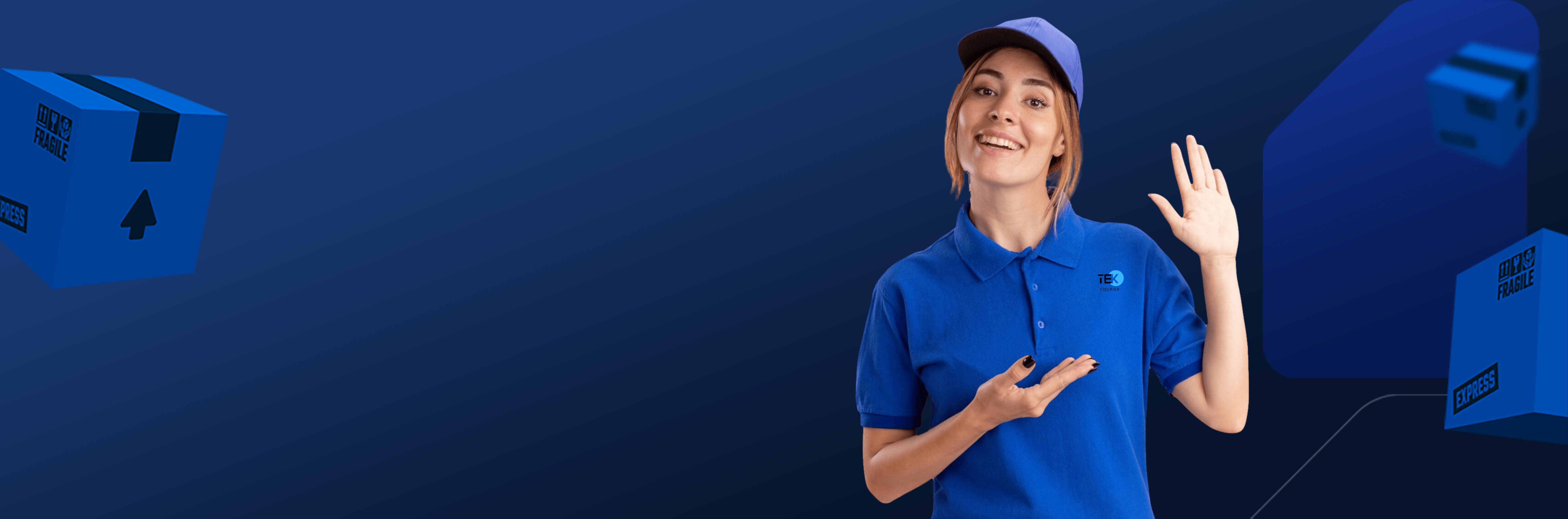 A man with a cheerful expression holds a box in front of a van