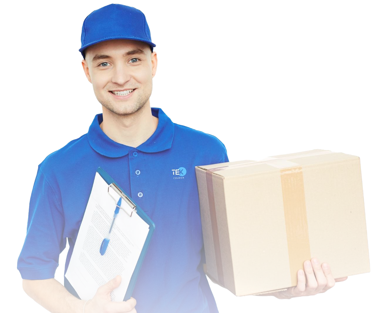 A man in a blue shirt holding a box and clipboard