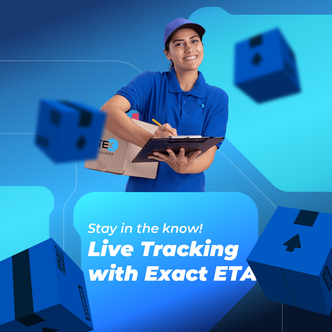  TEK Courier creative ad with text Live Tracking with Exact ETA